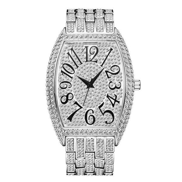 

wristwatches iced out diamond barrel shape men's quartz watch luxury full zirconia stainless steel wrist jewelry waterproof watches, Slivery;brown