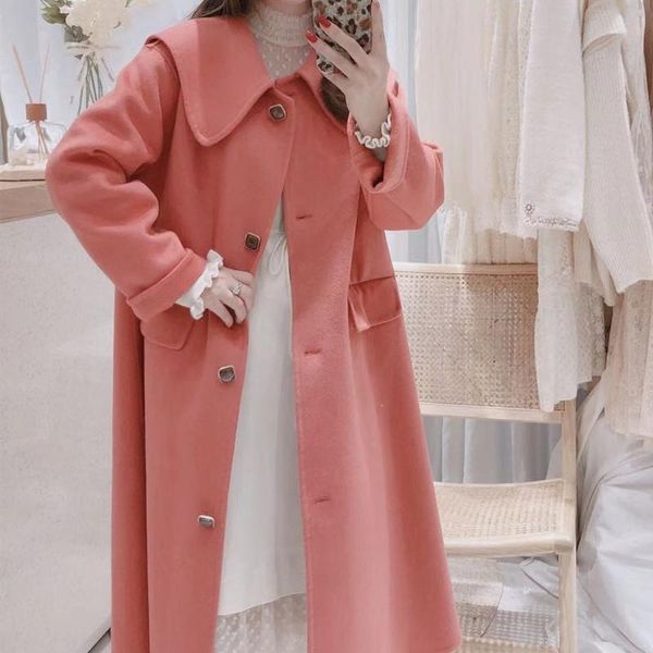 

women's wool & blends 2021 winter sweet cute double-sided hepburn college style overwear mid-length navy collar korean coat, Black