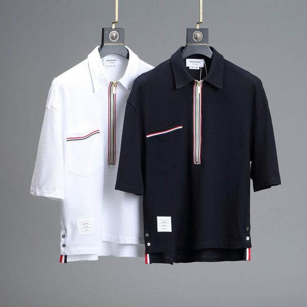 

men's polos brand 2021 fashion shirts men casual loose zipper otton solid summer short sleeve oversize clothing, White;black