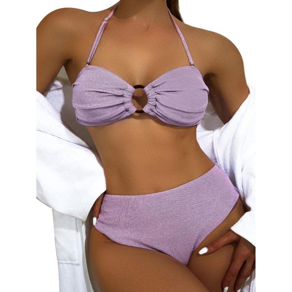 

one-piece suits womens two piece bikini fashion solid color ring halter high waist thong swimsuits beach bathing suit