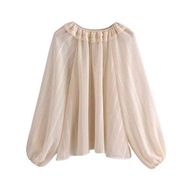 

elegant women chiffon beige striped shirts fashion ladies ruffles o-neck sweet female chic loose lantern sleeve blouse 210427, White