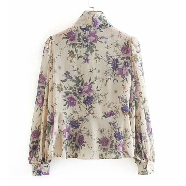 

blouses fashion long sleeve stand collar women's elegant bow decoration floral print vintage ruffle chic female chiffon shirt, White