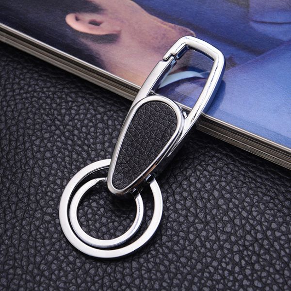 

classic design silver double ring key chain black leather keychain for men