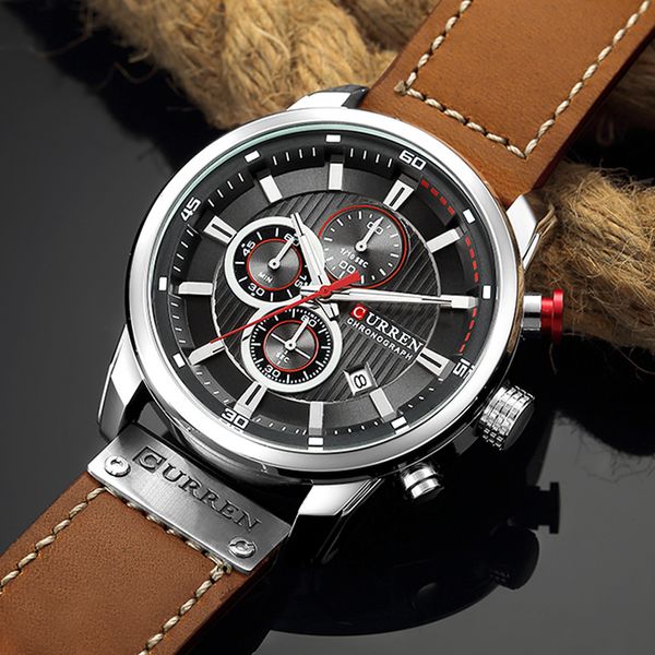 

men watches curren luxury brand mens chronograph military sport watch male waterproof leather army quartz analog clock 8291 210517, Slivery;brown