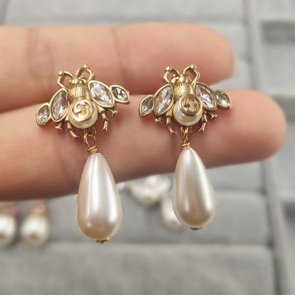 

ladies fashion jewelry new letter double earrings tassel pearl classic bee fruit strawberry color earrings, Golden