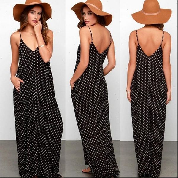

women dresses vestidos big szie 5xl party dress summer sleelveless deep v backless spaghetti strap long lady dot print, Black;gray