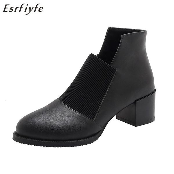 

boots esrfiyfe 2021 winter women large size ankle pu leather high heels thick soles basic botas muje, Black