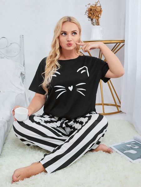 

plus cartoon graphic tee & striped pants i7y5#, Black;white