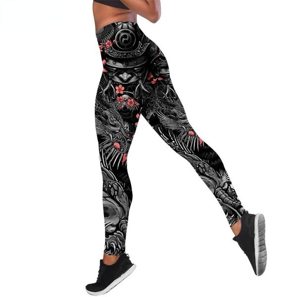 

women's leggings cloocl women japan sakura samurai printed high waist elasticity legging female for indoor fitness clothing casual pant, Black