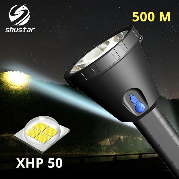 

super bright xhp50 led rechargeable searchlight waterproof camping light 3lighting modes used for adventure, hunting flashlights torches