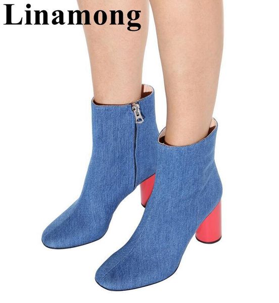 

boots fashion mixed color autumn and spring women test denim side zipper round toe high heel red ankle shoes, Black