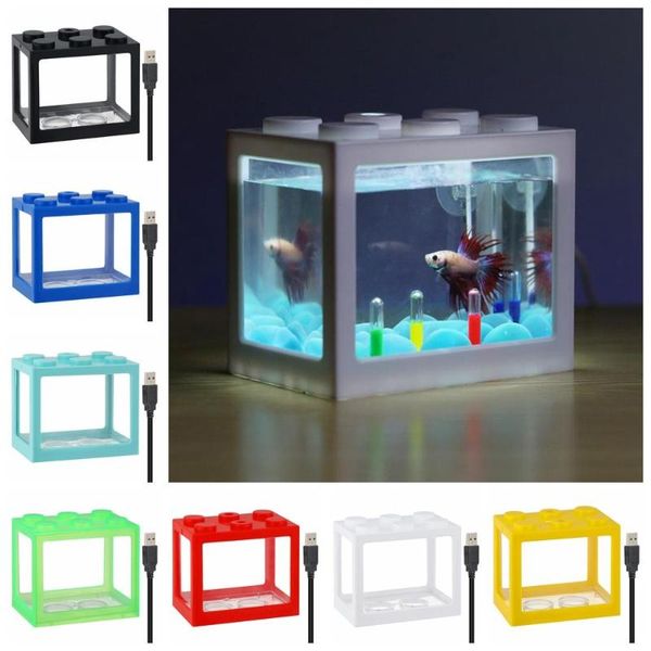 

aquariums betta fish breeding box fighting cylinder building block usb tank led lamp aquarium micro-landscape pet supplies