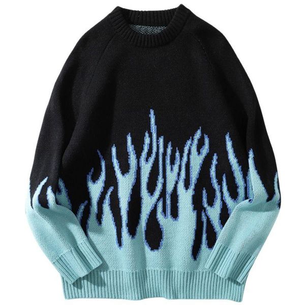 

men's sweaters hip hop mens streetwear harajuku knitted sweater blue fire flame 2021 autumn pullover loose hiphop retro vintage cotton, White;black