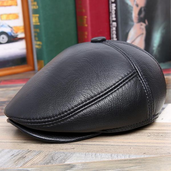 

sheepskin thick warm beret cap hat for men autumn genuine leather casquette male senior dad winter earflaps visors, Blue;gray