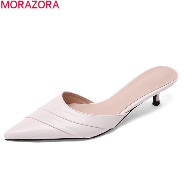 

slippers morazora 2021 arrival women mules shoes genuine leather shallow stiletto heels pointed toe ladies, Black