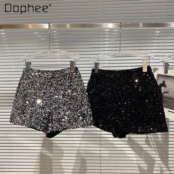 

women's shorts 2021 fall clothing fashion sequined shiny heavy zipper nightclub temperament short pants for women, White;black