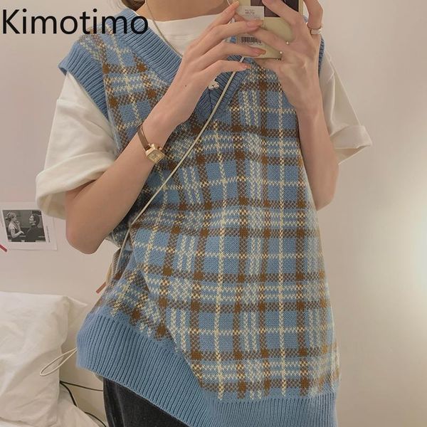 

women's vests kimotimo plaid sweater vest women 2021 autumn overlap v-neck loose waistcoat korean casual sleeveless all-match knitted, Black;white