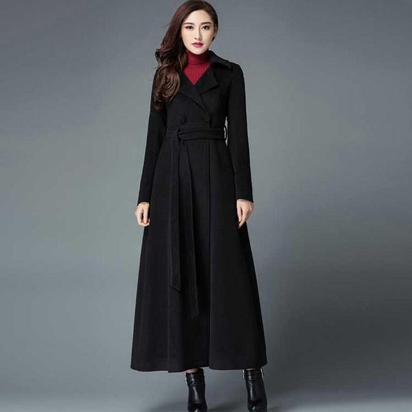 

women's wool & blends winter women woolen maxi long overcoat classic sashes high waist office ladies outerwear military coat windbreake, Black