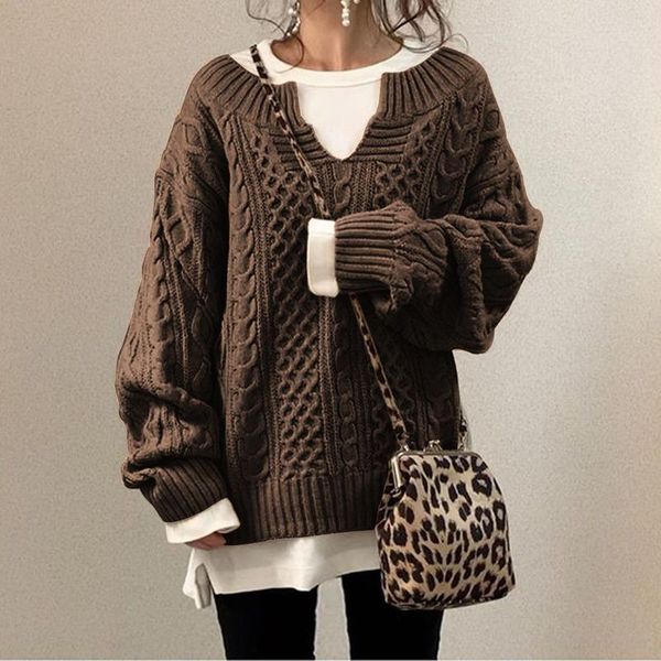 

women's sweaters autumn and winter women v-neck long sleeve pullover lazy style twist pattern loose casual lady vintage knitted sweater, White;black