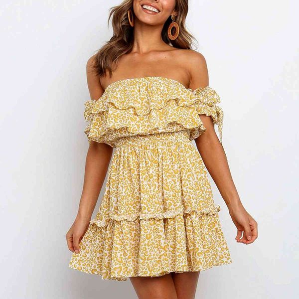 

jastie leopard ruffle off the shoulder dress women strapless mini dresses summer short beach boho dress female vestidos 210419, White