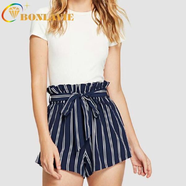 

women's pants & capris women short summer clothes loose type lotus leaf casual mid waist sashes multiple stripes color size s to xl, Black;white