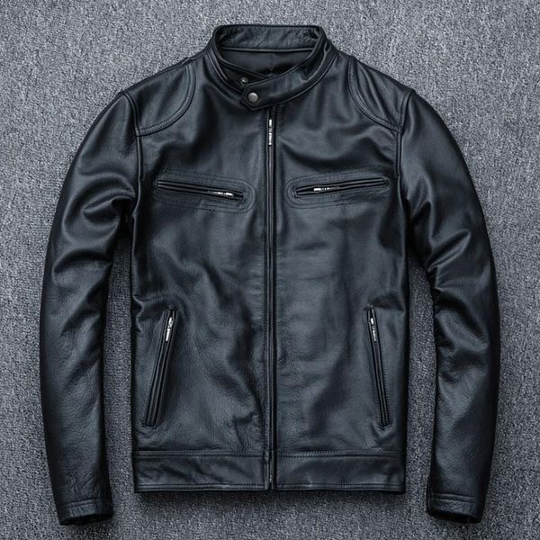 

men's leather & faux 2022 spring motorcycle genuine jacket men cowhide slim short coat moto natural calf skin clothes size s-5xl, Black