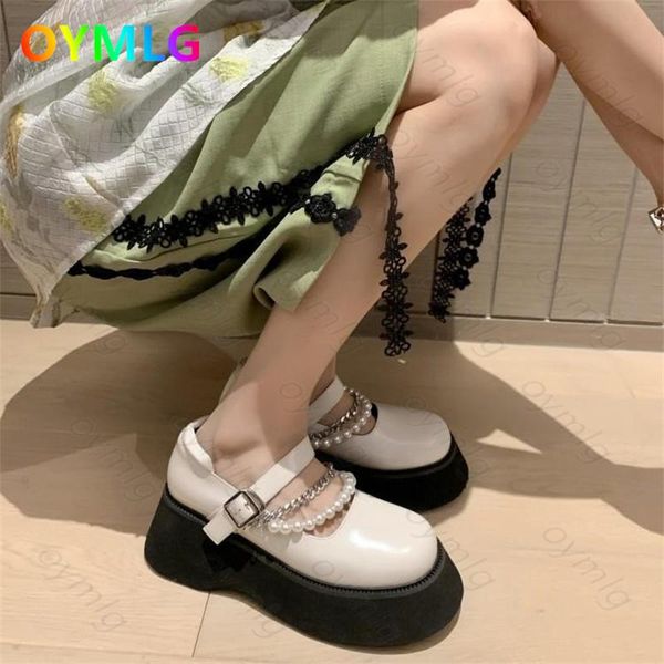 

dress shoes mary jane thick bottom 2021 fall round toe gentle pearl metal chain sponge cake with single women, Black