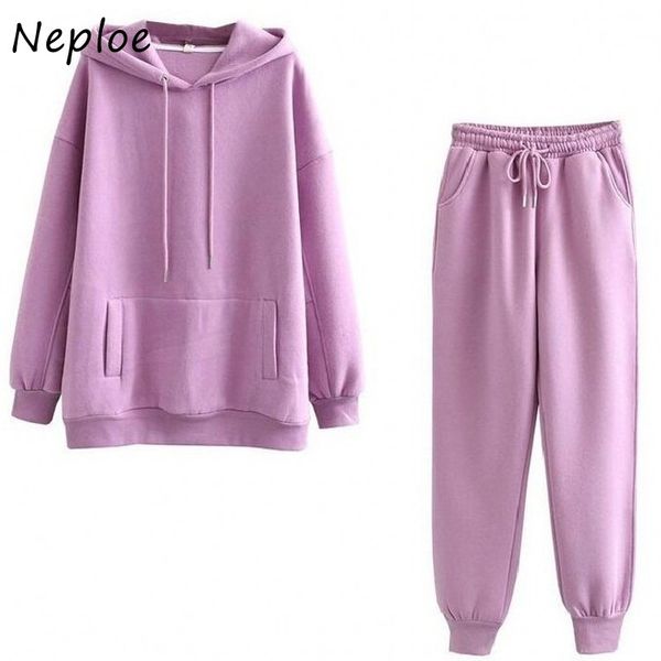 

autumn two piece set candy colors simple hoodies women + double pockets lace up casual loose sweatpants suit 210430, White
