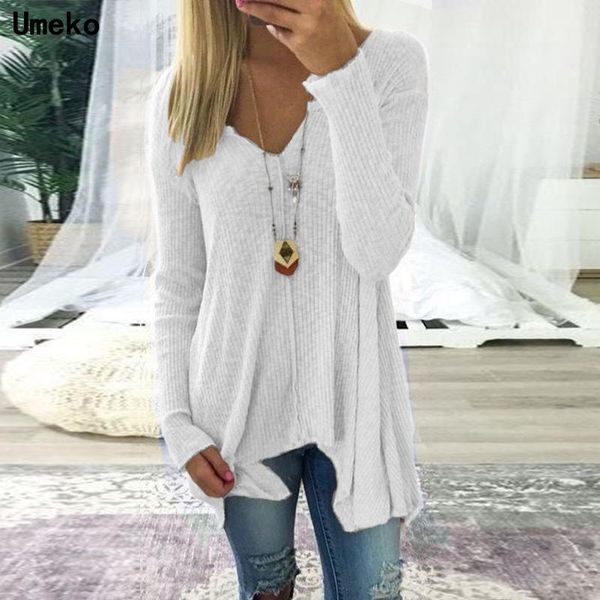

women's t-shirt umeko 2021 autumn casual long sleeve shirts deep v-neck irregular knitted solid slim pullovers, White