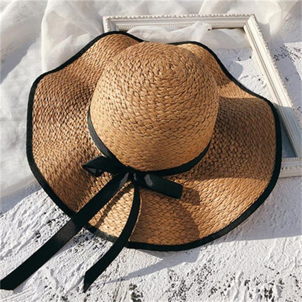 

wide brim hats summer women khaki beige ribbon bowknot straw big round bucket sun protection beach, Blue;gray