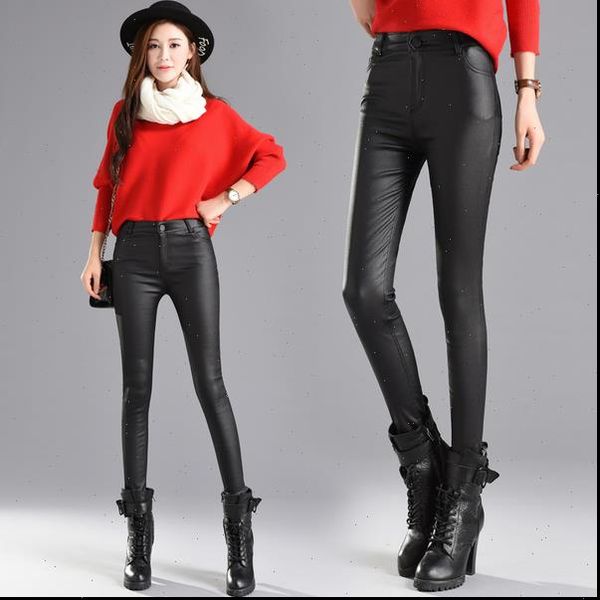 

thin velvet pu leather womens capris elastic stretch skinny tight faux pencil trouser 815a, Black;white