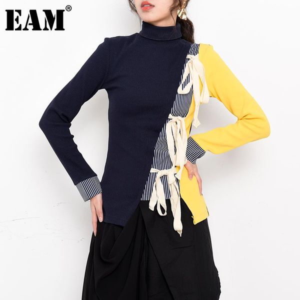 

[eam] bandage bow knitting sweater loose fit turtleneck long sleeve women pullovers fashion tide autumn winter 2021 jl9010 women's swea, White;black