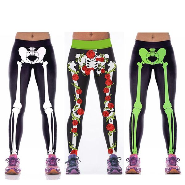 

women's leggings seamless women skeleton 3d print camouflage legging workout high waist slim elastic plus size fitness pants, Black