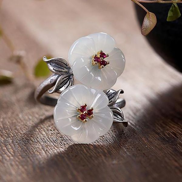 

cluster rings s silver inlaid hetian jade ancient style flowers chinese retro fine craftsmanship high sense of charm ladies ring, Golden;silver