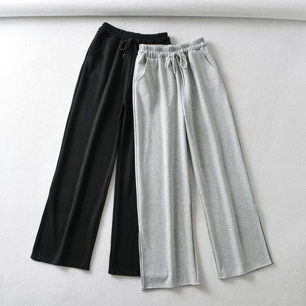 

spring and autumn female trousers of tall waist elastic with thread side split wide-legged straight canister women's pants & capris, Black;white