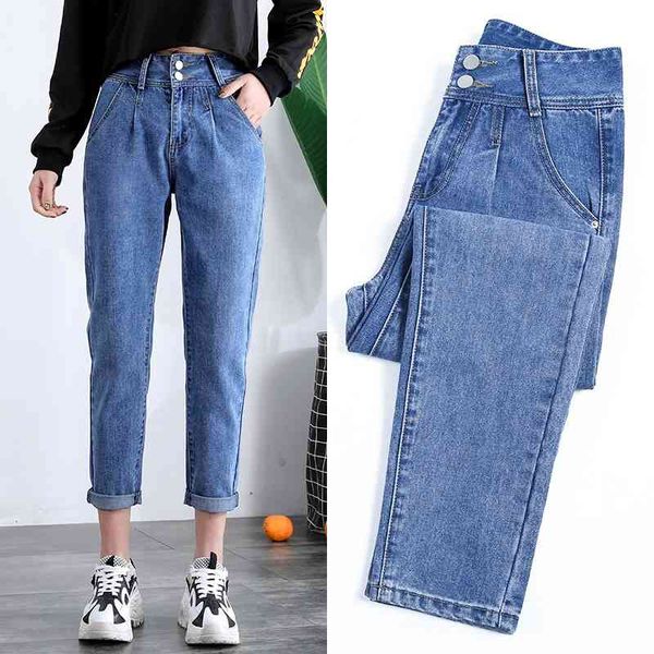 

spring autumn plus size casual style high waist ankle-length loose straight jeans for women pants 210514, Blue