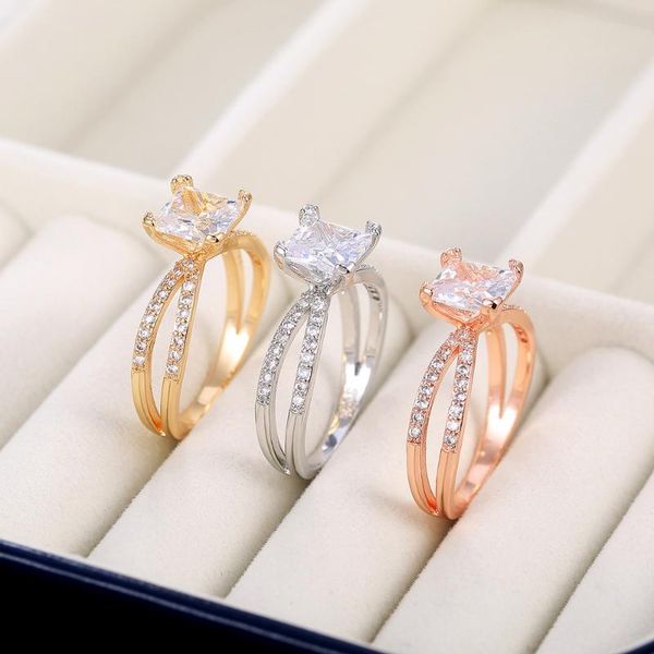 

wedding rings classic geometric lines square zircon ring exquisite luxury large rhinestone women's engagement jewelry, Slivery;golden