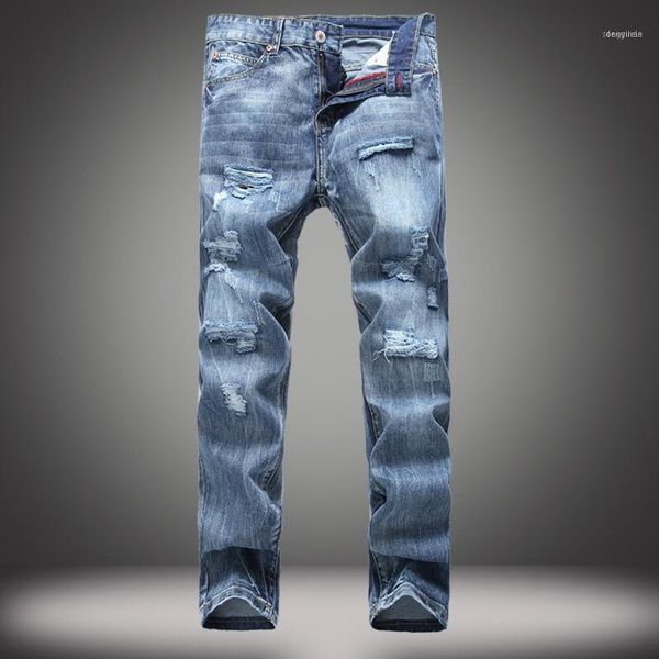 

men's jeans pants with stripes plus size 38 vintage washed hole ripped biker denim straight stretch jeans1, Blue