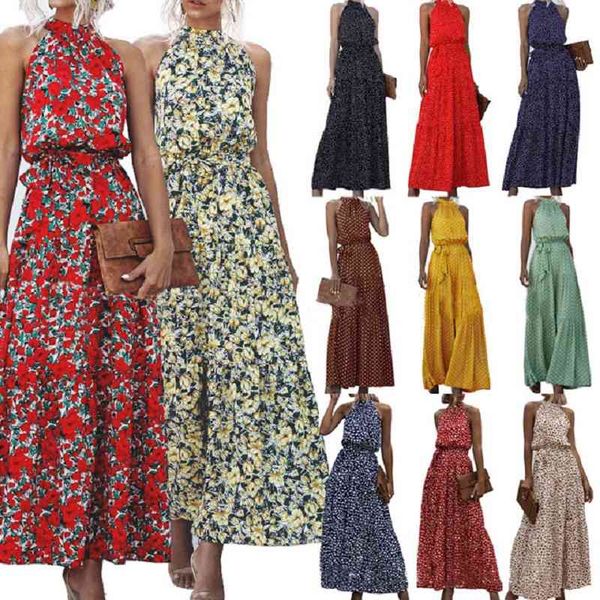 

summer elegant long dress belt women fashion print flowers polka-dot strap ladies halter boho dress women vestidos 210514, Black;gray