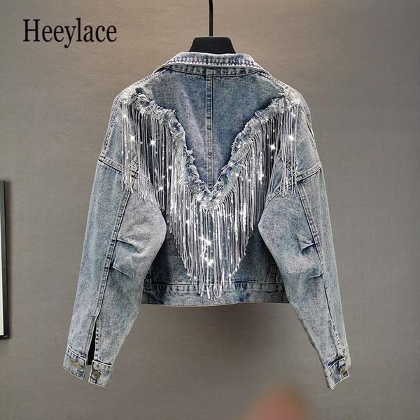 

women's jackets denim jacket coat 2021 female black women jean outerwear fringed rivet girl, Black;brown