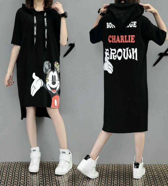 

large cartoon new real fat mm 2021 summer print hooded short sleeve medium length t-shirt dress, Black;gray