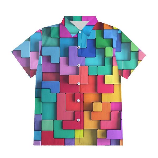 

eu/us size colored square puzzle harajuku men's casual button shirt cool print 3d plus short sleeve hiphop shirts, White;black