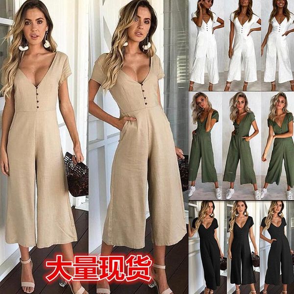 

women's jumpsuits & rompers female sunmmer short sleeve casual loose romper pants v neck playsuits, Black;white