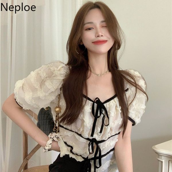 

neploe korean chiffon shirt women contrast color patchwork blusas mujer puff sleeve square collar blouses summer bow chic 210422, White