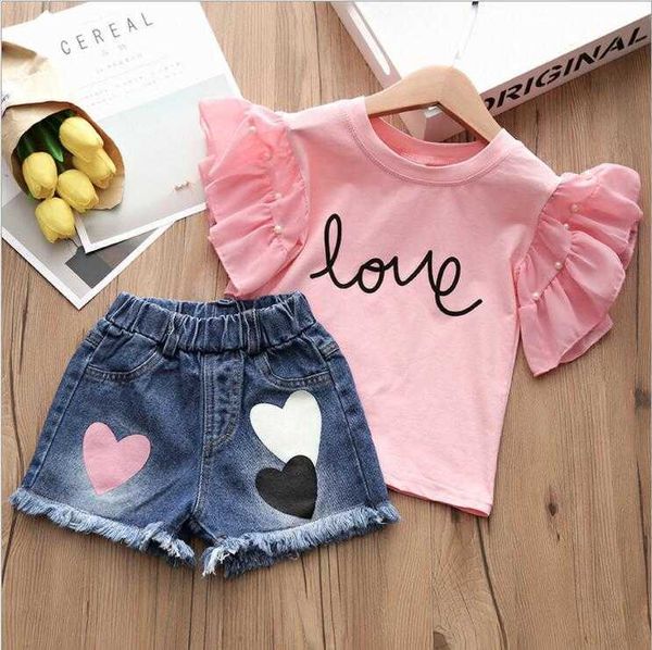 Moda Çocuklar Kızlar Aşk T-Shirt Ve Şort Set Çocuk Kot Yaz Kıyafet Güzel Kalp Pamuk Üst Giyim 210529