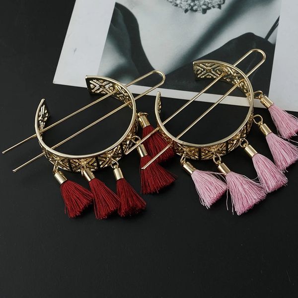 

vintage hollow out red tassel hair sticks hairpins for women fashion jewelry female bridal hair accessories boho bun golden hairpin, Golden;silver