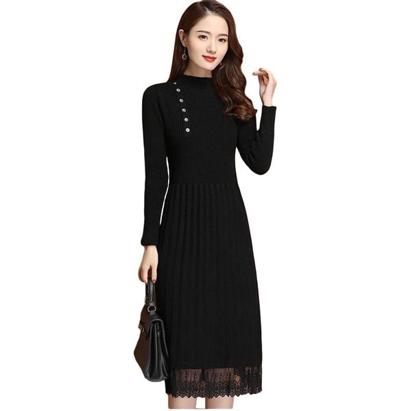 

women autumn winter turtleneck sweater dress lace stitching knitted ladies long sleeve pullover dresses vestidos casual, Black;gray