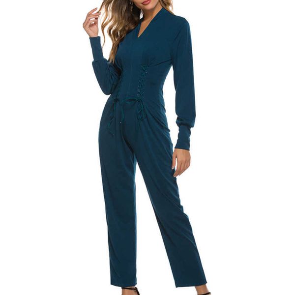 Mulheres macacões Jumpsuits elegante azul manga longa slim cintura de cintura macacão senhoras primavera xl 210527