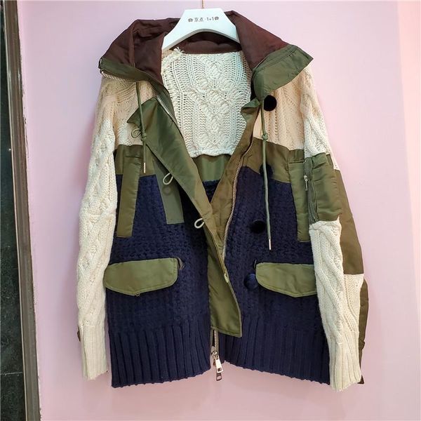 

women's jackets [ewq] 2021 autumn-winter hooded jacket short coat loose irregular stitching zipper cable flower sweater ladies, Black;brown