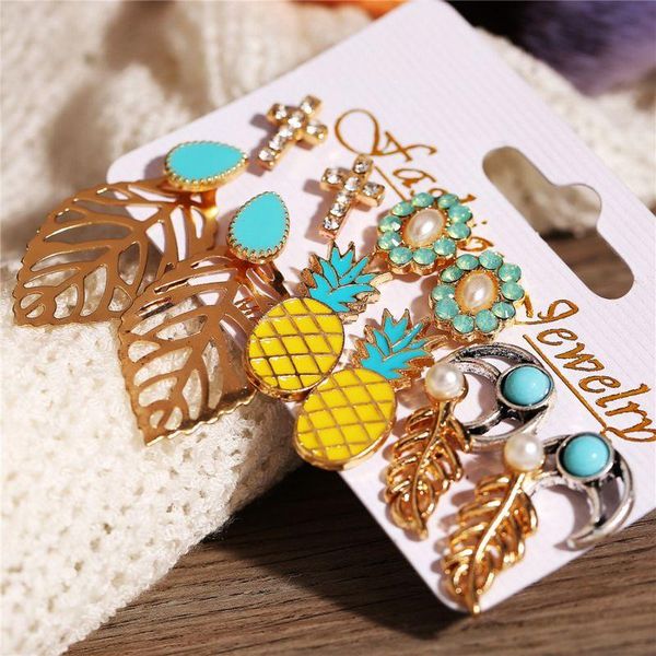 

korean kpop leaf applepine cz rhinestone cute simple crystal geometric pearl elegant girls stud earrings set for women gift lot, Golden;silver